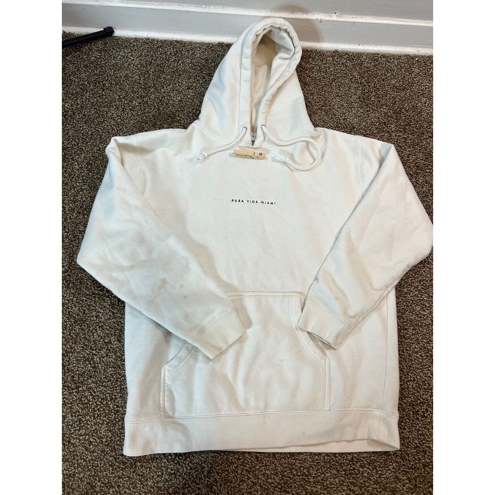 Pura Vida Hoodie Mens Sz L White Long‎ Sleeves Pullover Sweatshirt Heavyweight